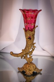 Homan Victorian Silverplate Gold plated Cranberry Enameled Bud Vase