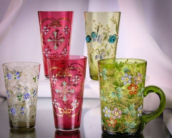 5 pc Lot Moser Type Victorian Glass Tumblers