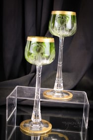 2 pc Lot Moser Glass Gilt Intaglio Iris Goblets