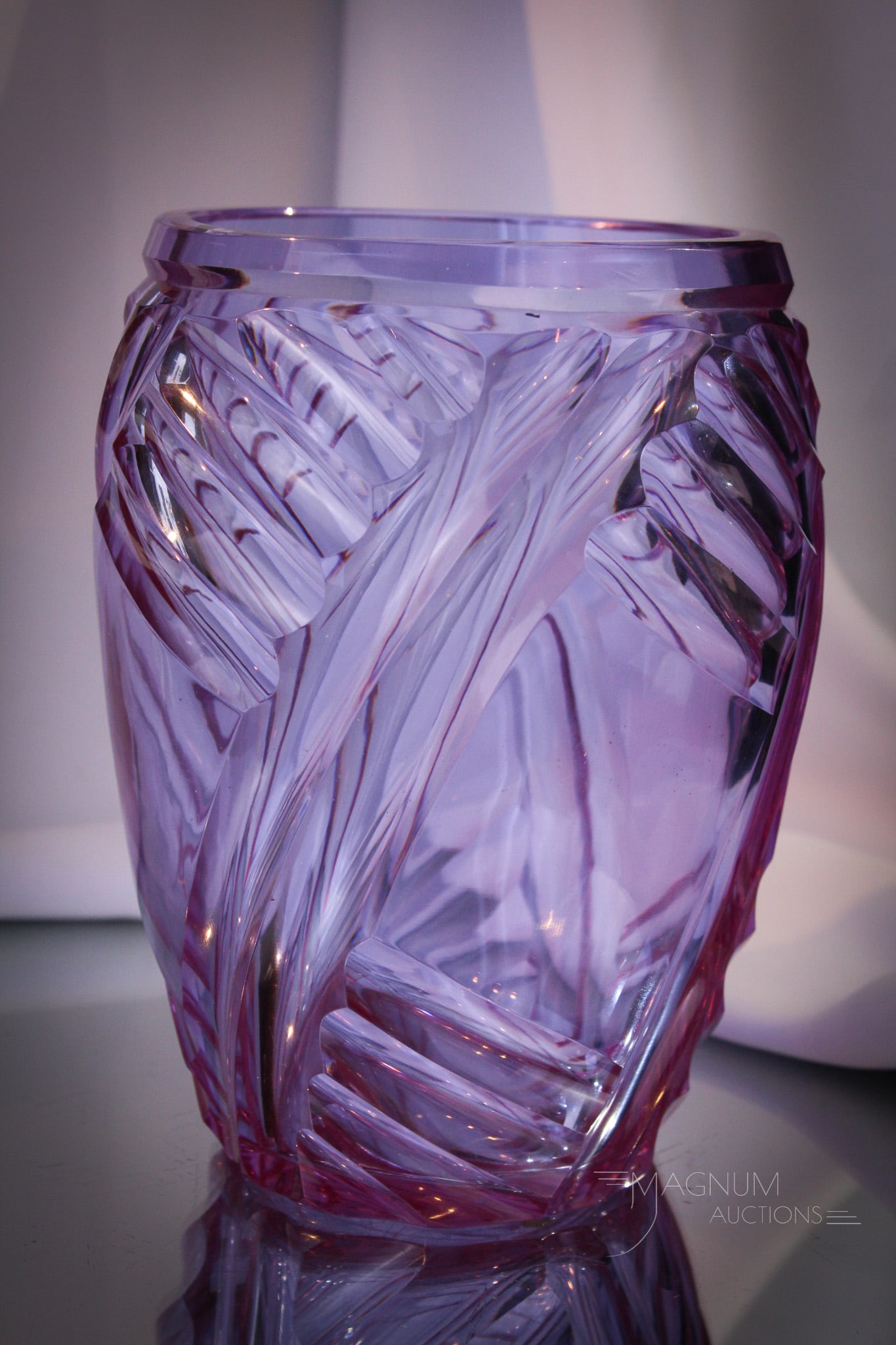 St. Louis Alexandrite Art Deco Cut Glass Vase: Super Alexandrite Art Deco cut glass vase. Piece is impressive with form and design. Piece is signed, "St. Louis."