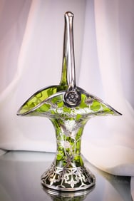Sterling Overlay Emerald Green Art Glass 12" Basket