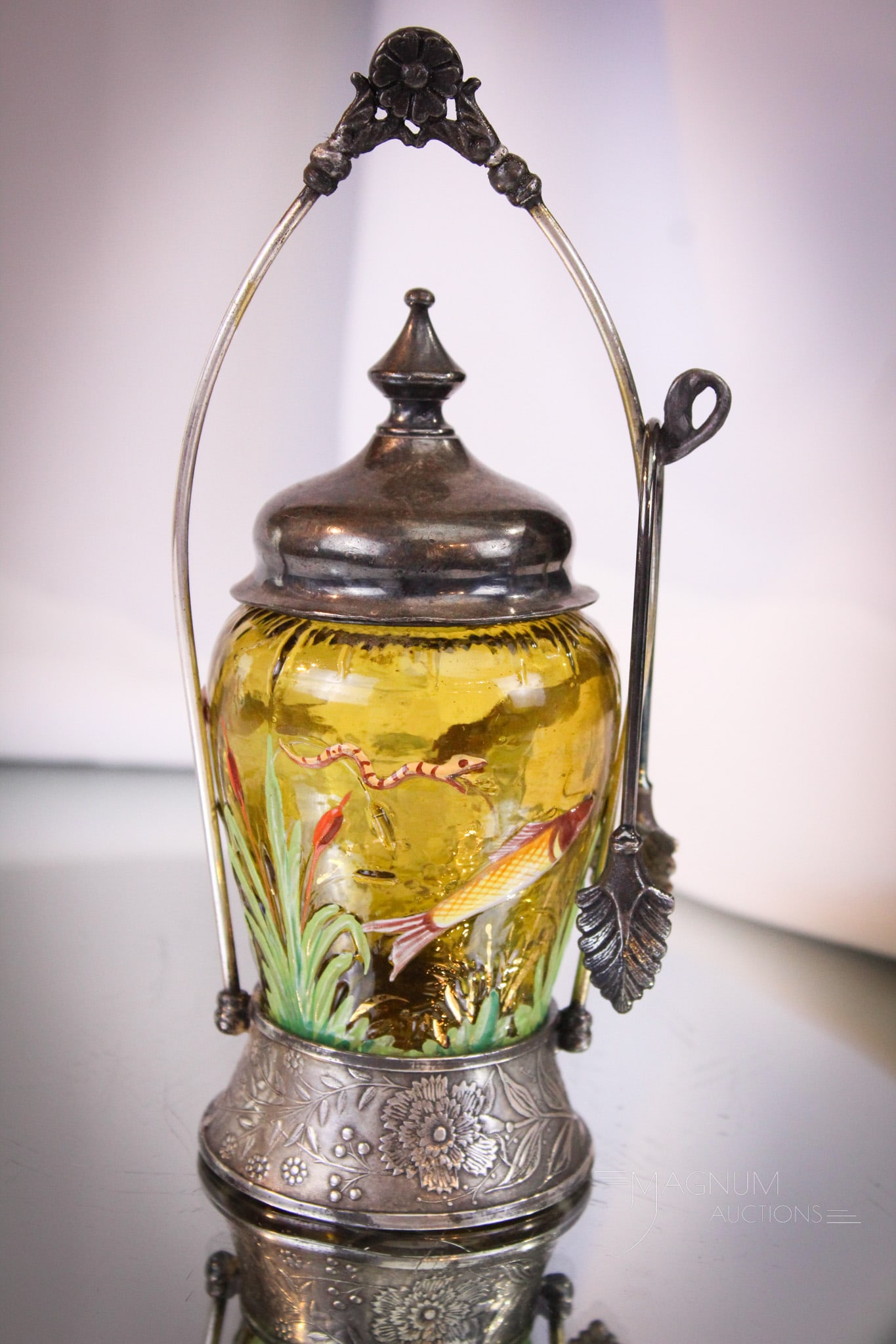 Very Rare Miniature Moser Fishpond Victorian Child's Pickle Castor: Ultra rare Miniature Victorian Child's pickle castor featuring a Moser applied fish pond glass insert. Complete castor measures only 7 1/4" tall.