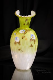 Scarce Green Mother of Pearl Enameled Victorian Glass Vase