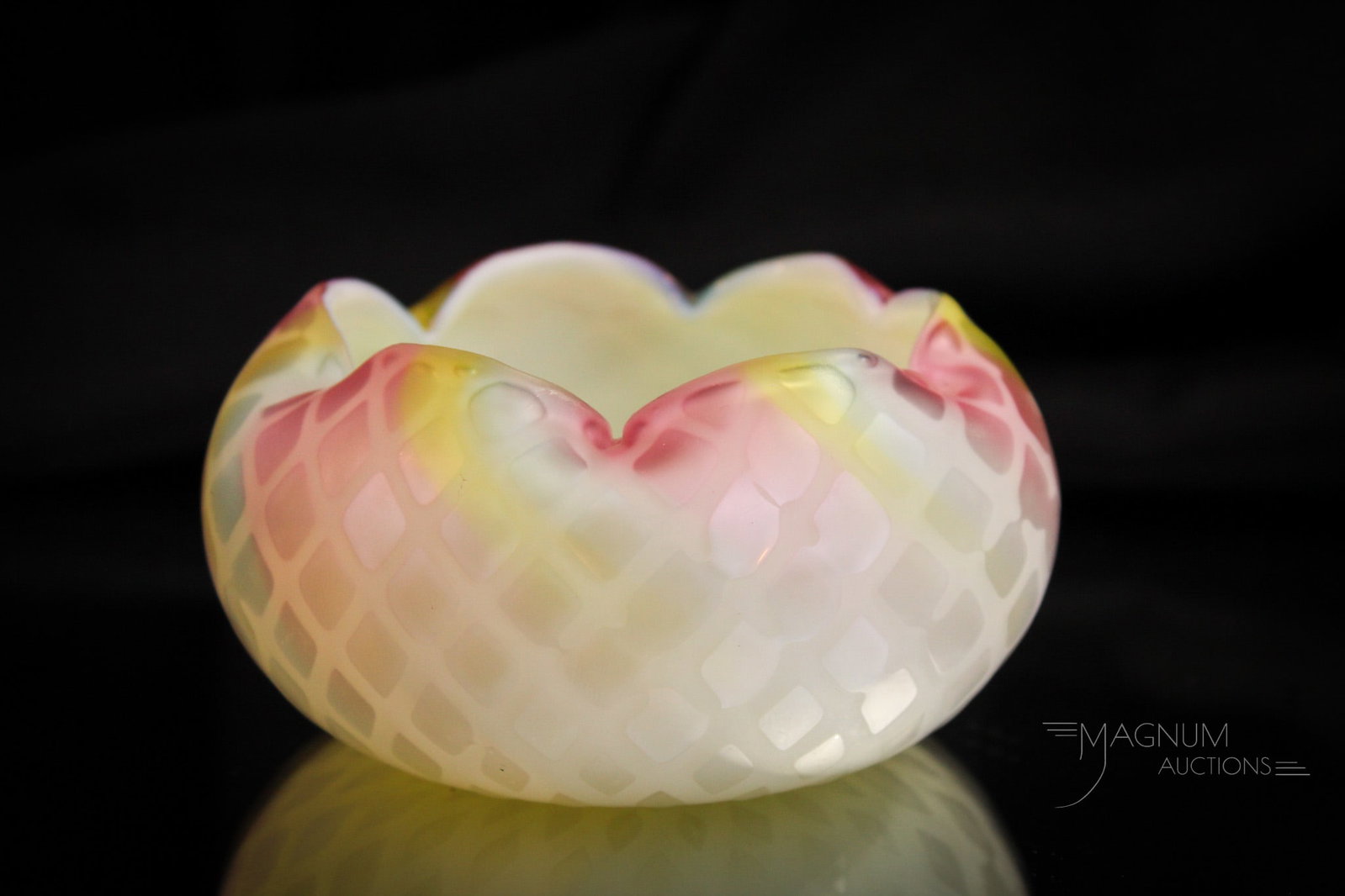 Webb mkd "Patent" Rainbow Victorian Satin Glass Finger Bowl: Fine marked patent Webb rainbow Victorian diamond quilt mother of pearl satin glass finger bowl. This piece with lovely rainbow coloring and rich silky satin finish. Bowl measures 2 1/2" tall, 4 1/2" 