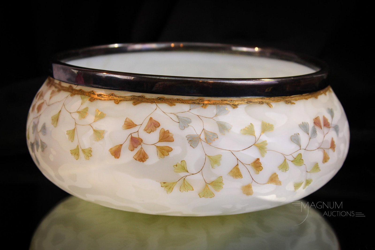 Rare Flower & Acorn Decorated Mother of Pearl Victorian Glass 9" Salad Bowl: Bridal white flower and acorn pattern mother of pearl glass salad bow with silverplate rim. This bowl is a rare find and is enameled and gilt decorated with maiden hair fern fronds. Great item! Bowl m