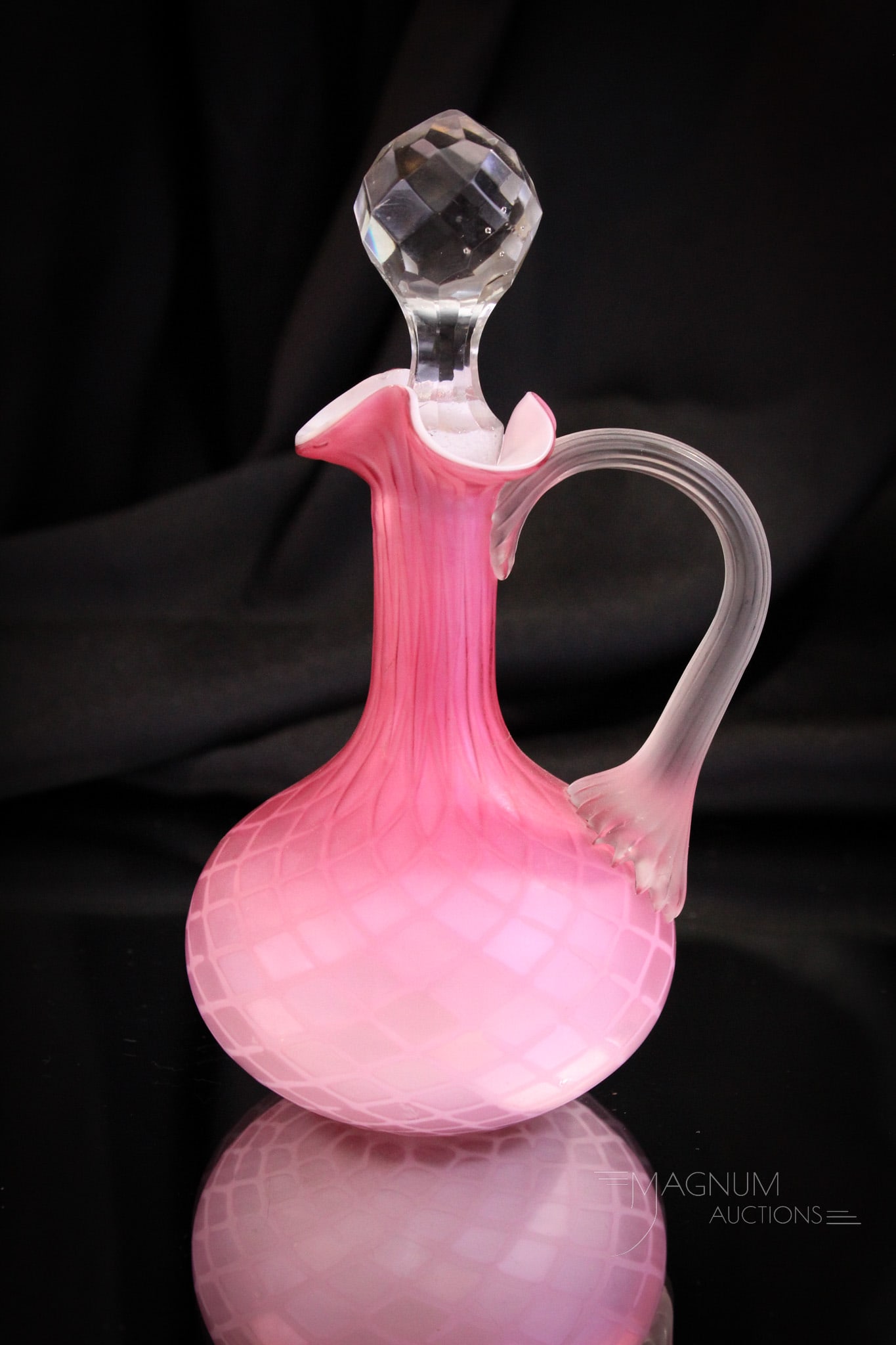 Pink Satin Mother of Pearl Victorian Glass Cruet: Pretty in pink diamond quilt pattern Victorian mother of pearl Victorian glass cruet. This is a fine example with deep pink coloring. Cruet measures 7" tall.