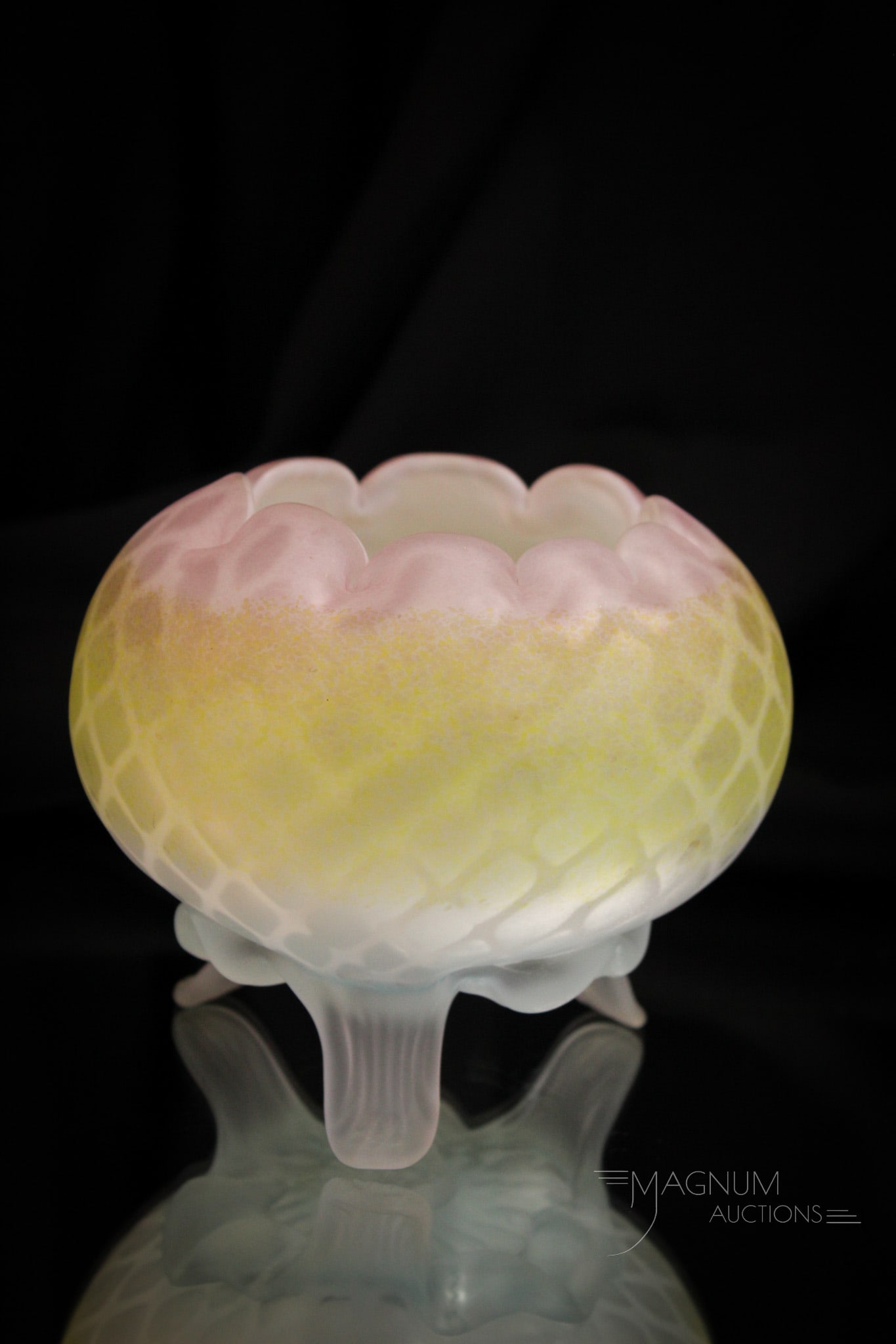 Rainbow Satin Mother of Pearl Footed Rosebowl: Great example of a rainbow satin glass footed rosebowl with unusual striated coloring against a diamond quilt pattern. Bowl measures 4 1/2" tall, 5" in diameter.