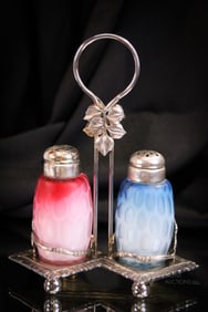 Pair of Victorian Mother of Pearl Satin Glass Shakers in Silverplate