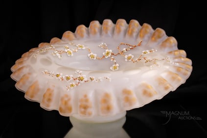 Victorian Gilt Enameled Coinspot Mother of Pearl Glass 13" Brides Bowl