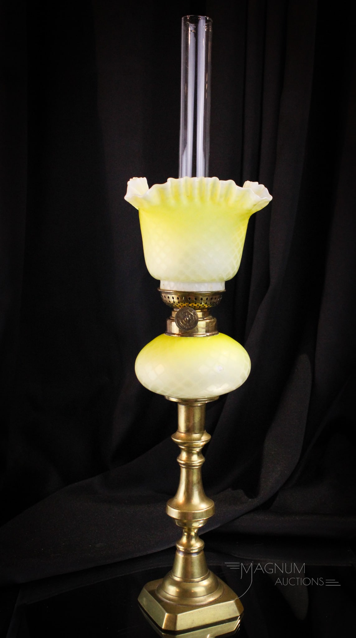 Victorian Yellow Mother of Pearl Satin Glass Peg Lamp: Fine canary yellow diamond quilt pattern Mother of Peal glass Victorian peg lamp. This great example measures 14 1/2" tall.