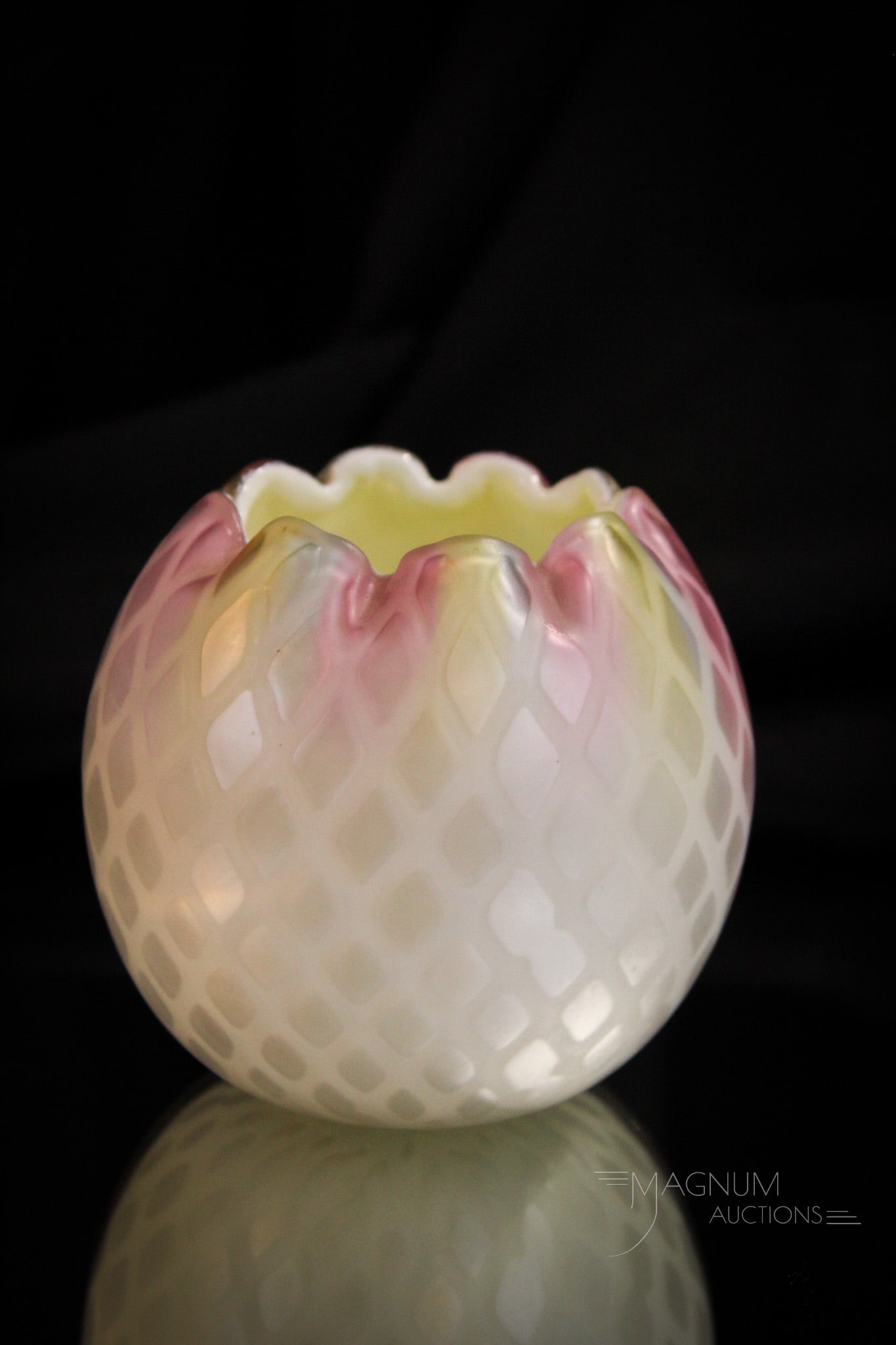 Rainbow Webb "Patent" Victorian Mother of Pearl Rosebowl: Fine offering in a signed "Patent" Webb Victorian mother of pearl rainbow colored rosebowl. Very nice example with great coloring.