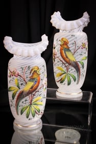 Victorian Pair Opalescent Satin Swirl Glass Coralene Bird Decorated Mantle Vases