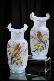 Victorian Pair Blue Opalescent Satin Swirl Glass Coralene Bird Mantle Vases