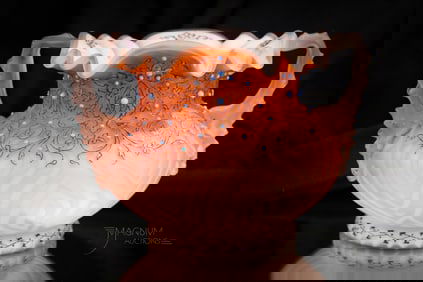 Rare Victorian Orange Mother of Pearl Cabachon Decorated Enameled Glass Vase