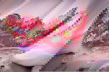 Monumental Victorian Cranberry Opalescent Coralene Applied Branch Bowl