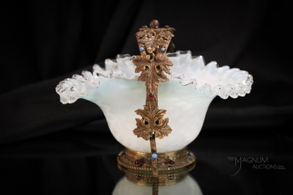 Rare Victorian Ormulu Cabachon & Jeweled Frame Miniature Brides Basket