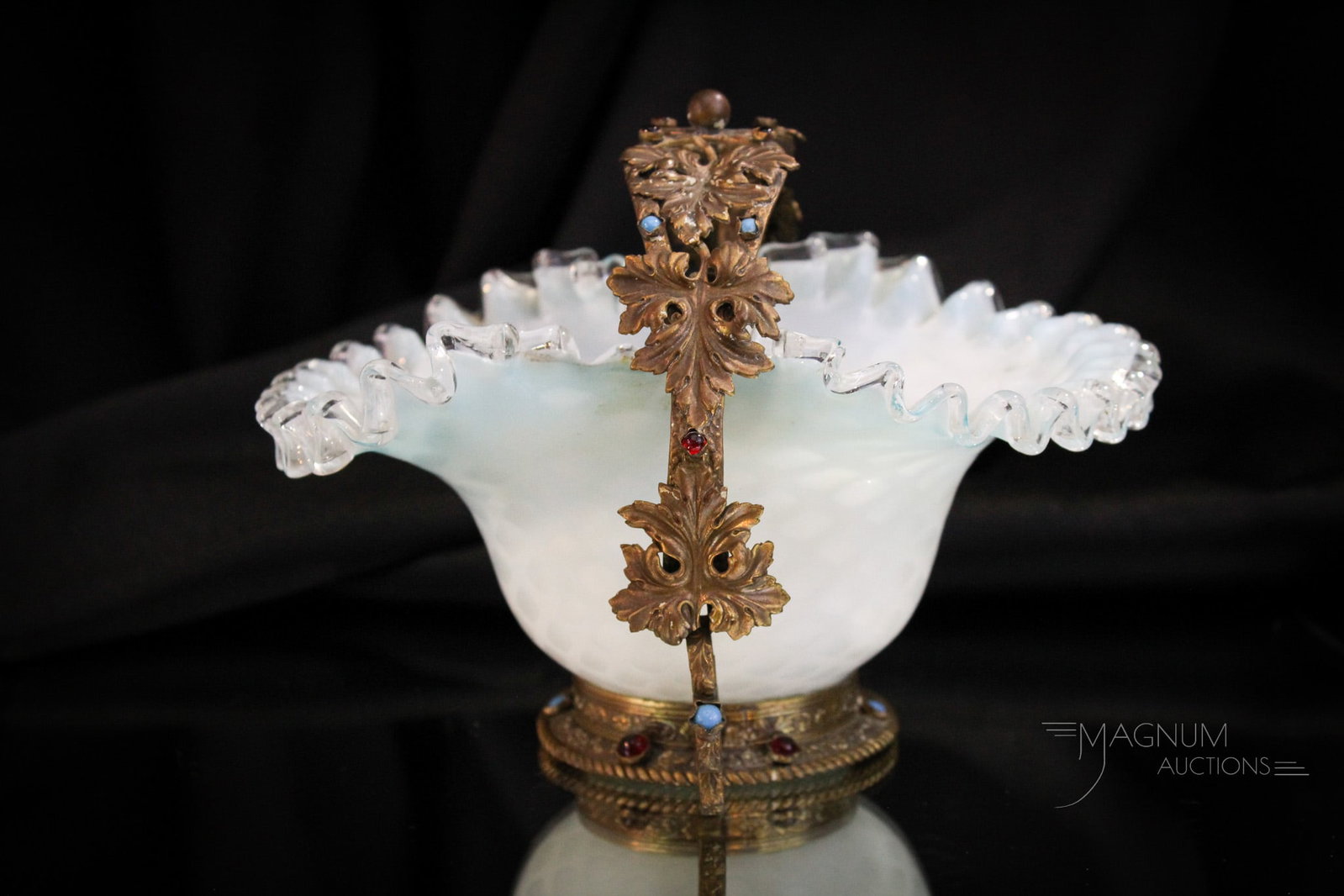 Rare Victorian Ormulu Cabachon & Jeweled Frame Miniature Brides Basket: Very rare Victorian minature mother-of-pearl glass diamond quilt brides basket in ornate ormulu frame. Bowl is mounted in frame. The frame is inset with various cabachon jewels. Complete piece measure