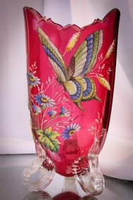 Rare Cranberry Coralene Victorian Glass 10" Pillow Vase