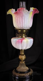 Rare Victorian Rainbow Mother of Pearl Victorian Glass Banquet Oil Lamp