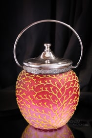 Cranberry Mother of Pearl Victorian Coralene Glass Biscuit Jar