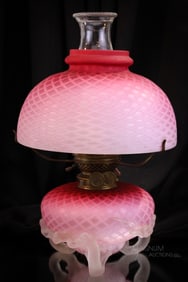Very Rare Victorian Pink Satin Diamond Quilt Oil Lamp