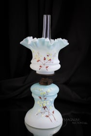 Victorian Satin Enameled Glass Minature Oil Lamp