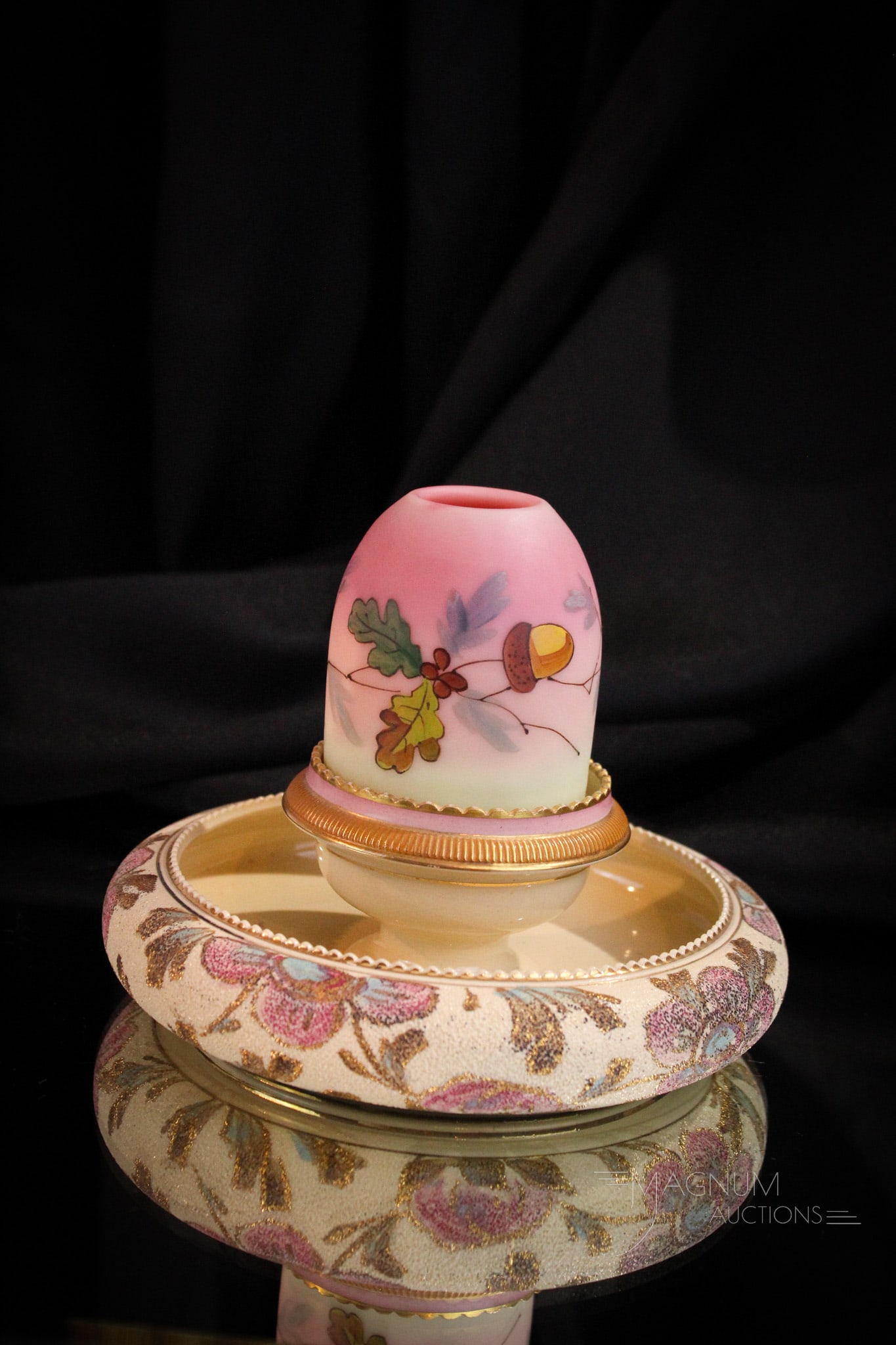 Webb Burmese Victorian Glass Decorated Clarke's Fairy Lamp: Great example of an original Webb burmese decorated Victorian fairy lamp on signed porcelain Clarke's base. Super piece with very nice detailing. Complete lamp measures 4 1/2" tall, 6" in diameter.