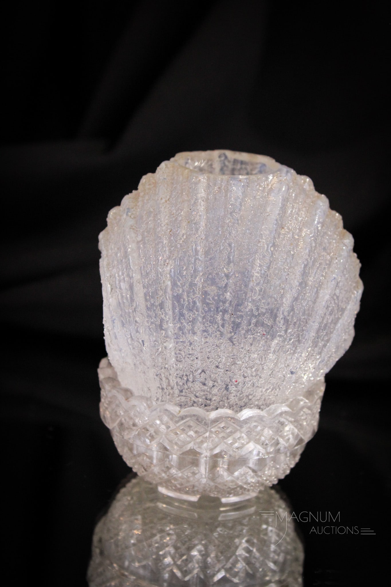 Scarce Overshot Clam Victorian Glass Fairy Lamp: Scarce find in the realm of fairy lamps. Everyone needs an overshot clam lamp in their collection. This one with original Clarke's base. Lamp measures 4 1/4" tall.
