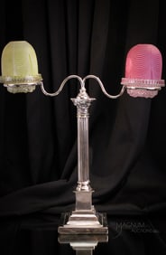 Victorian Silverplate Nailsea Glass Double Fairy Lamp