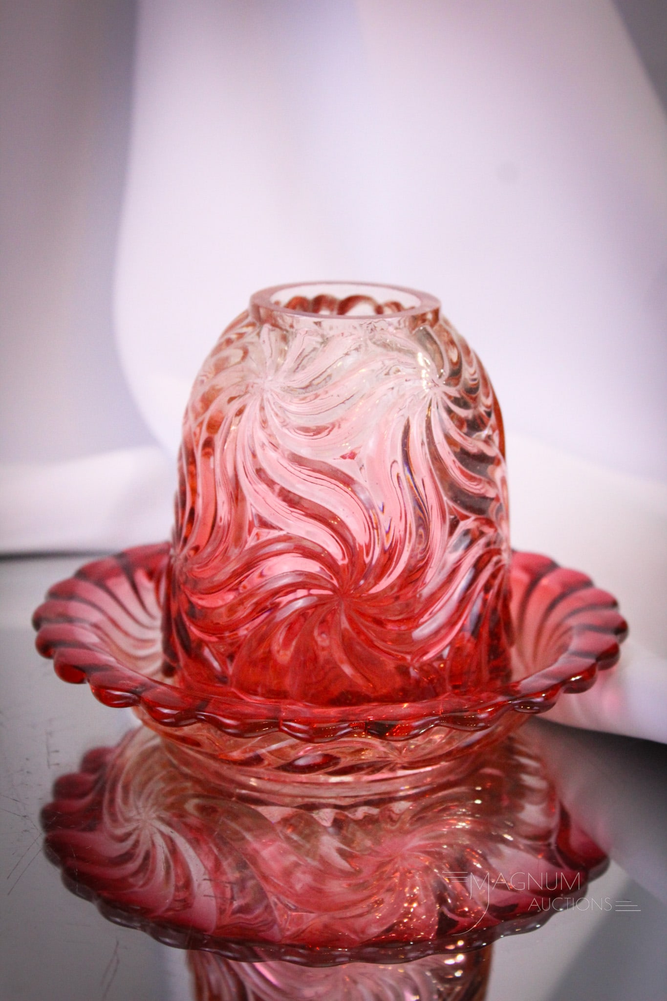 Baccarat Rose Tiente Swirled French Art Glass Fairy Lamp: Always a delight to find one of these Baccarat Rose Tiente Swirl pattern fairy lamps. This one is marked, "Baccarat" and "Depose". Lamp measures 4" tall.