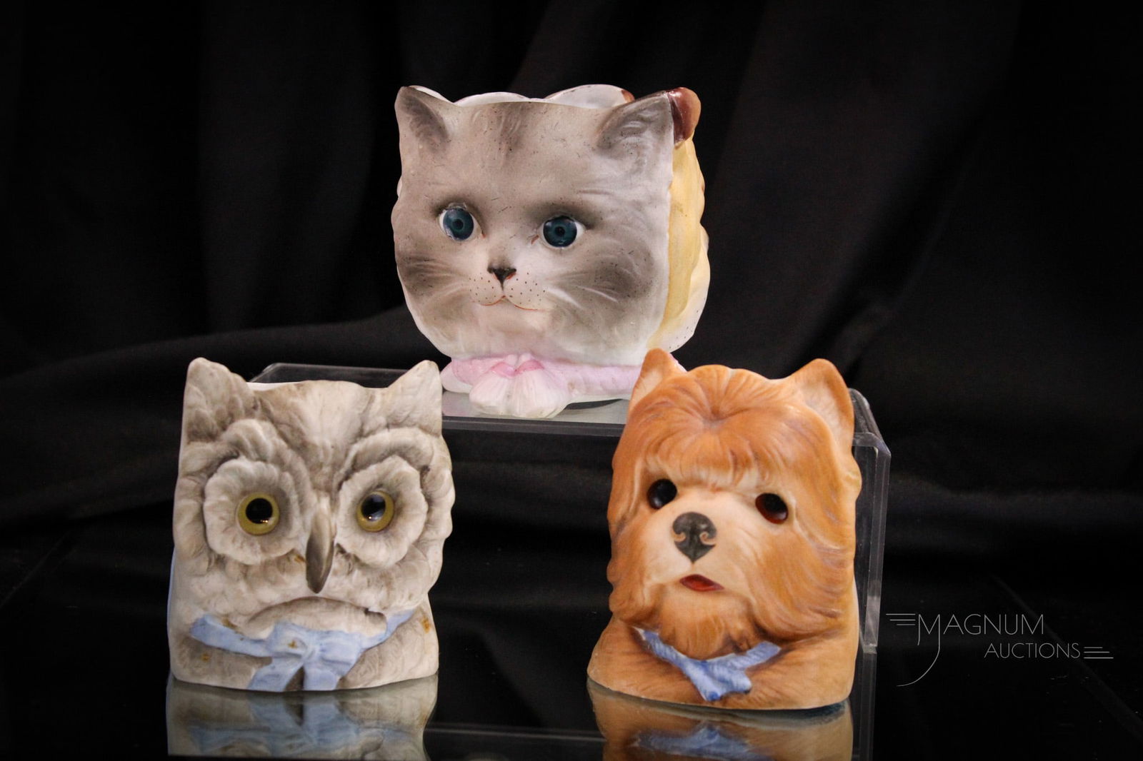 3 pc Lot Victorian Bisque Porcelain Fairy Lamps: Three select examples of bisque porcelain fairy lamps. Each is a nice example. "Muffy" the dog, "Mr. Owl", and a three-critter combo example. Muffy the dog with chip on the rim as shown. Tallest measu