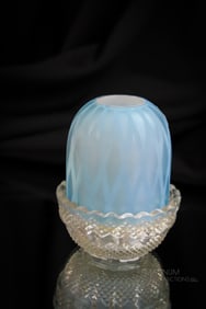 Blue Satin Diamond Quilt Mother of Pearl Victorian Glass Fairy Lamp