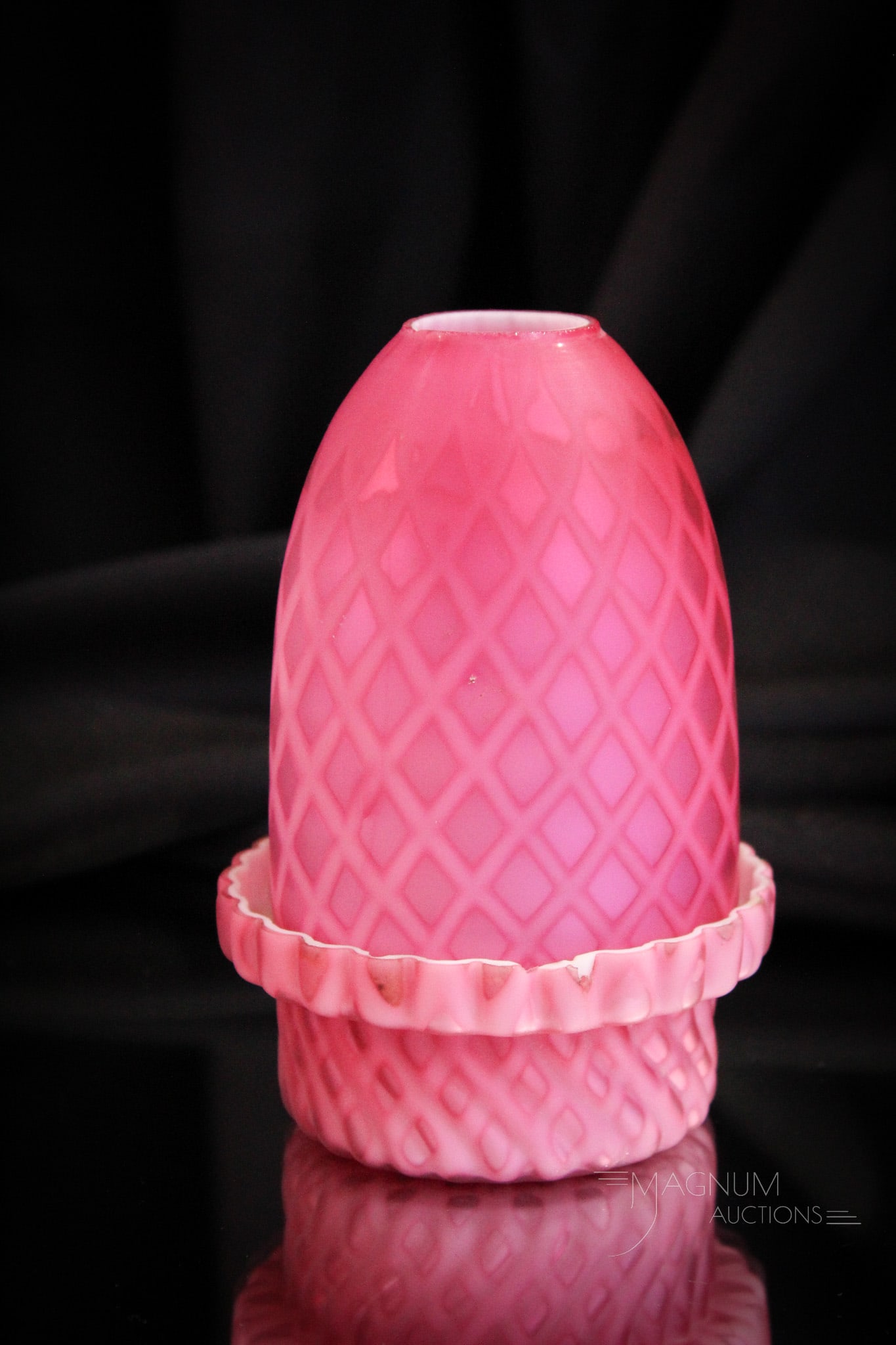 Attractive Victorian Mother of Pearl Satin Glass Fairy Lamp: Very nice pink satin diamond quilt pattern Victorian fairy lamp complete with same base. This lamp measures 5 1/2" tall. Minor chip on the rim of the base as shown.