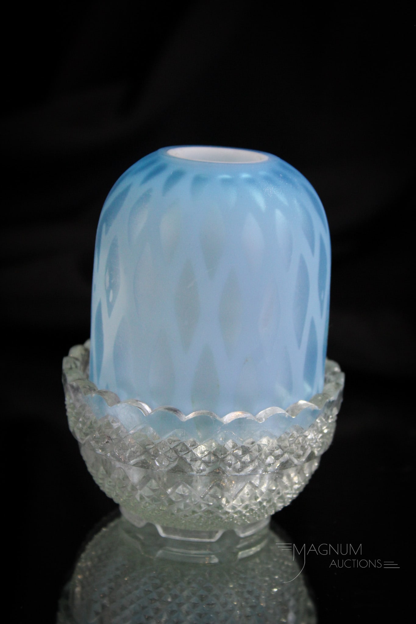 Blue Victorian Mother of Pearl Satin Glass Fairy Lamp: Nice find in this blue satin diamond quilt mother of pearl glass fairy lamp on clear Clarke's base. This little lamp measures 3 1/2" tall.