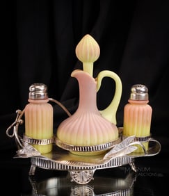 Rockford Silverplate Victorian Mt. Washington Burmese Glass Cruet Castor Set