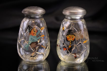 Rare Pair of Napoli Mt. Washington Glass Palmer Cox Brownie Shakers