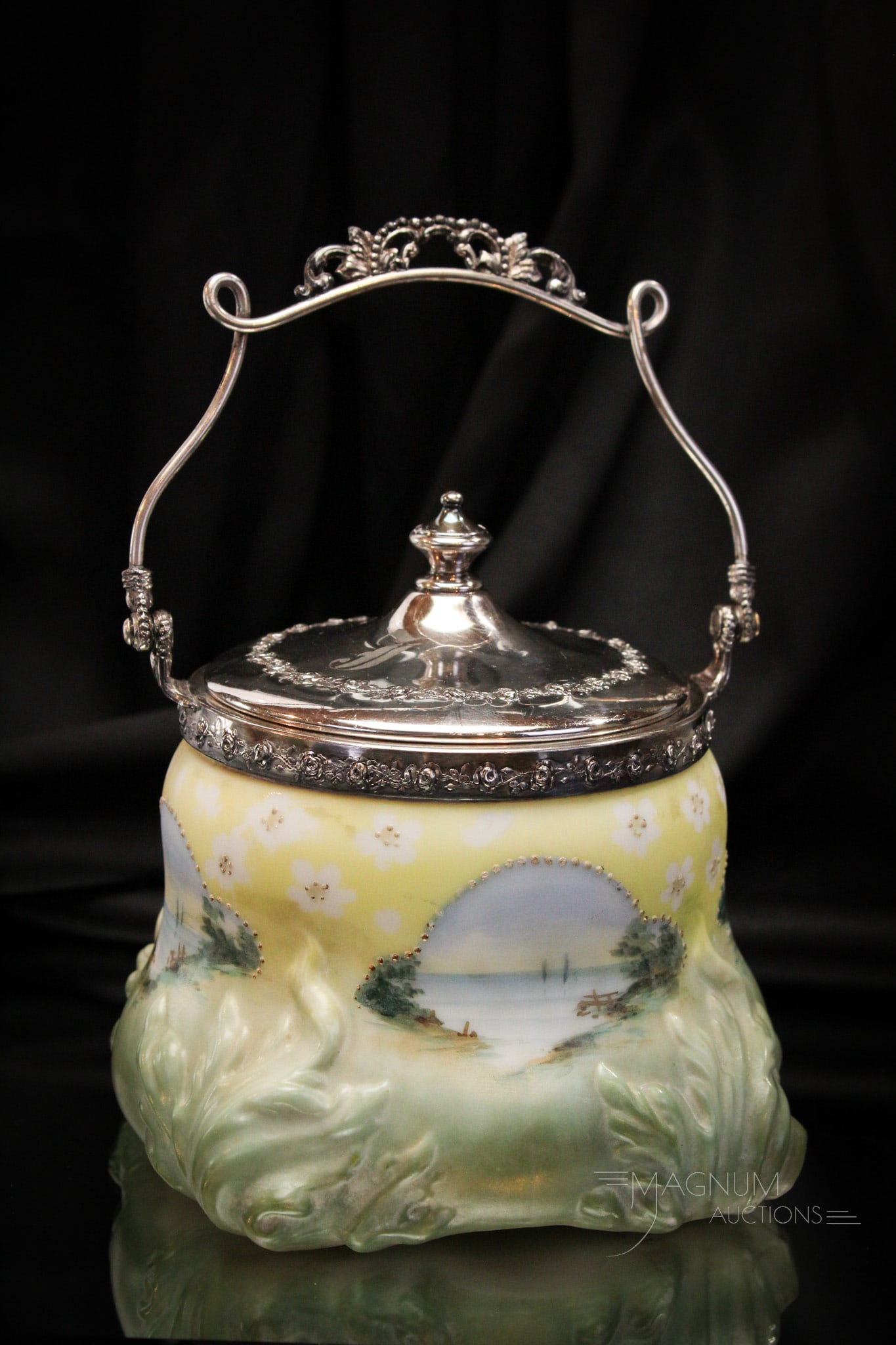 Rare Pairpoint Scenic Silverplate & Glass Victorian Biscuit Jar: Rare find in this Pairpoint glass and silverplate Victorian biscuit jar features a scenic decoration and embossed body. This example measures 6" tall.