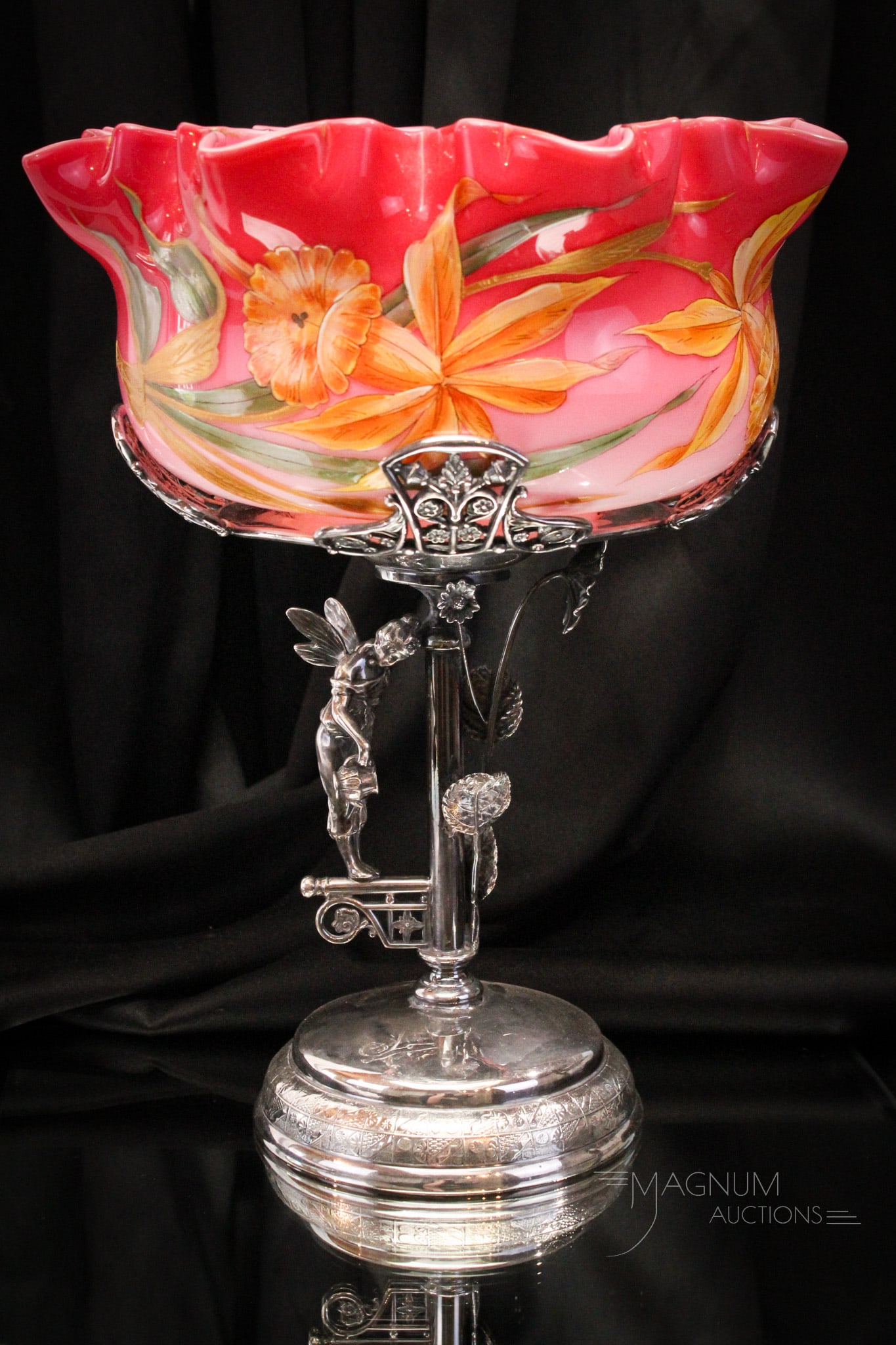 Derby Silverplate Victorian Figural Fairy Brides Basket Centerpiece: Fine selection in this signed Victorian Derby silverplate figural brides bowl holder complete with deep pink bowl enameled with daffodil decoration. Holder features a fairy watering flowers with a wat