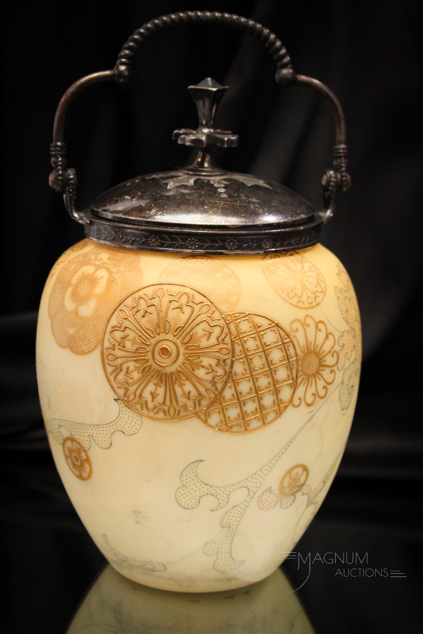 Victorian Mt. Washington Glass Crown Milano Biscuit Jar: Fine example of a Mt. Washington Crown Milano Victorian biscuit jar with elaborate decoration. And original mountings. This fine piece measures 7" tall.