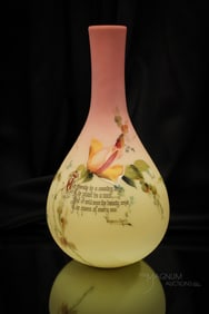Mt. Washington Burmese Glass Thomas Hood Victorian Decorated 12" Vase