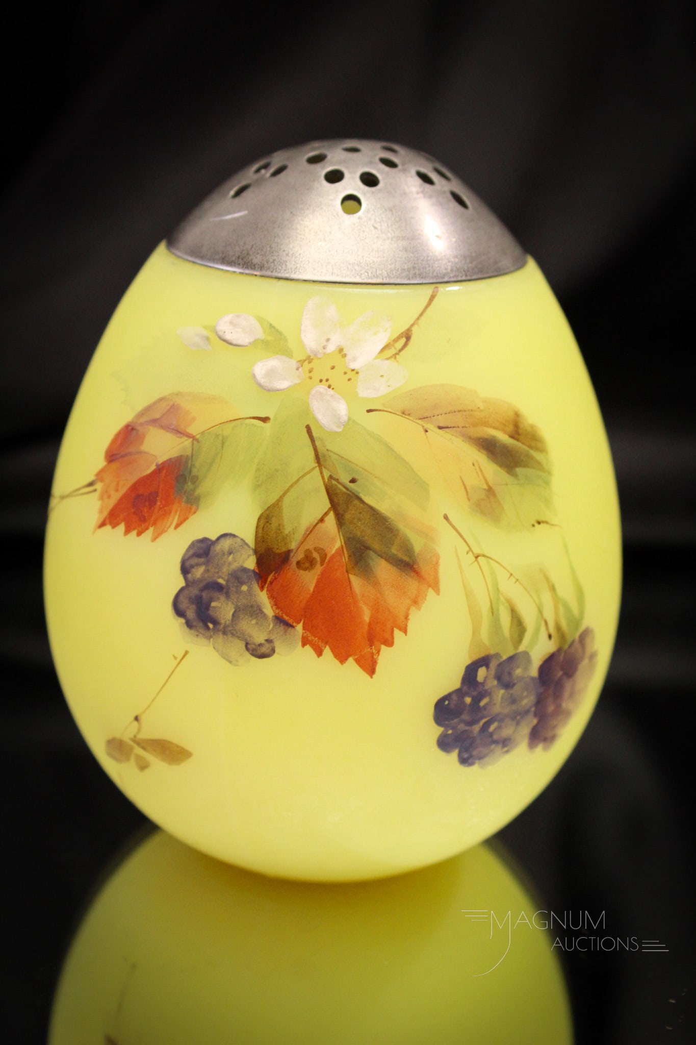 Mt. washington Unfired Burmese Yellow Blackberry Sugar Shaker: Fine offering of a blackberry decorated Victorian Mt. Washington Glass egg form sugar shaker in unfired burmese glass. Great example with purple blackberry decoration with foliage. Glass is yellow. Su