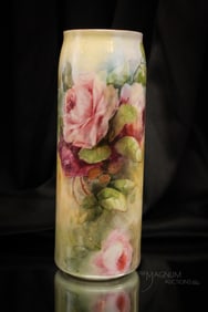 Hand Painted Porcelain Roses Cylinder 11" Vase