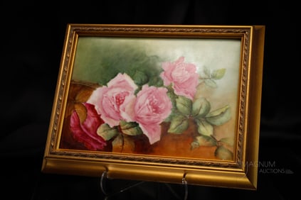T & V Limoges Roses Hand Painted Framed Porcelain Plaque