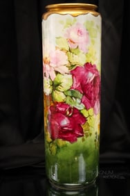Willets Belleek 16" Artist Signed Hand Painted Porcelain Cylinder Vase