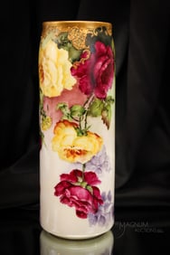 Belleek Hand Painted Porcelain Roses Cylinder 11" Vase