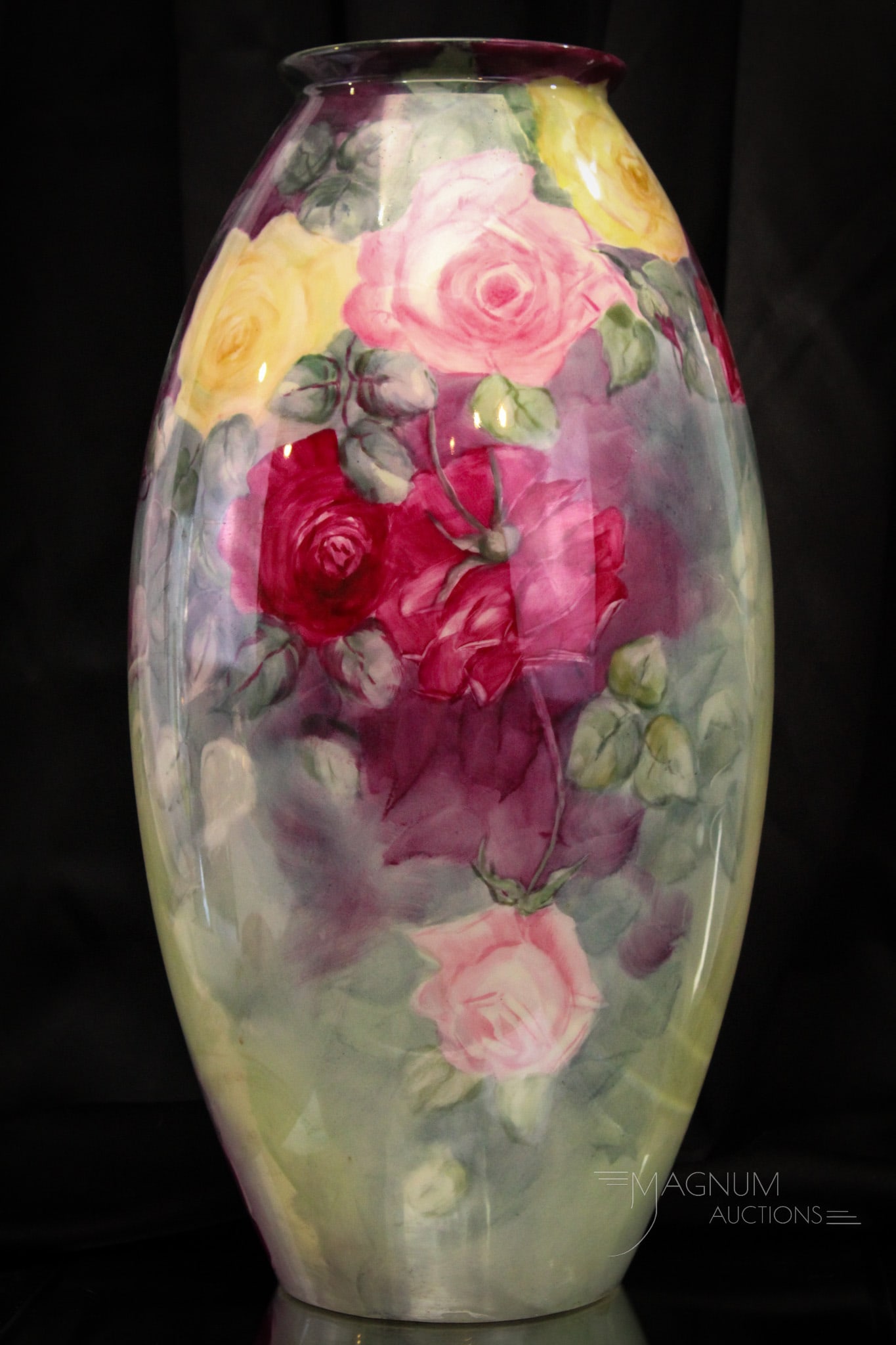 Massive Museum 19" Willets Belleek Hand Painted Fine Porcelain Roses Vase: Fine museum worthy offering of a signed Willets Belleek 19" tall hand painted porcelain vase. This vase is magnificent with deep rich coloring and an abundance of roses. A true masterpiece.