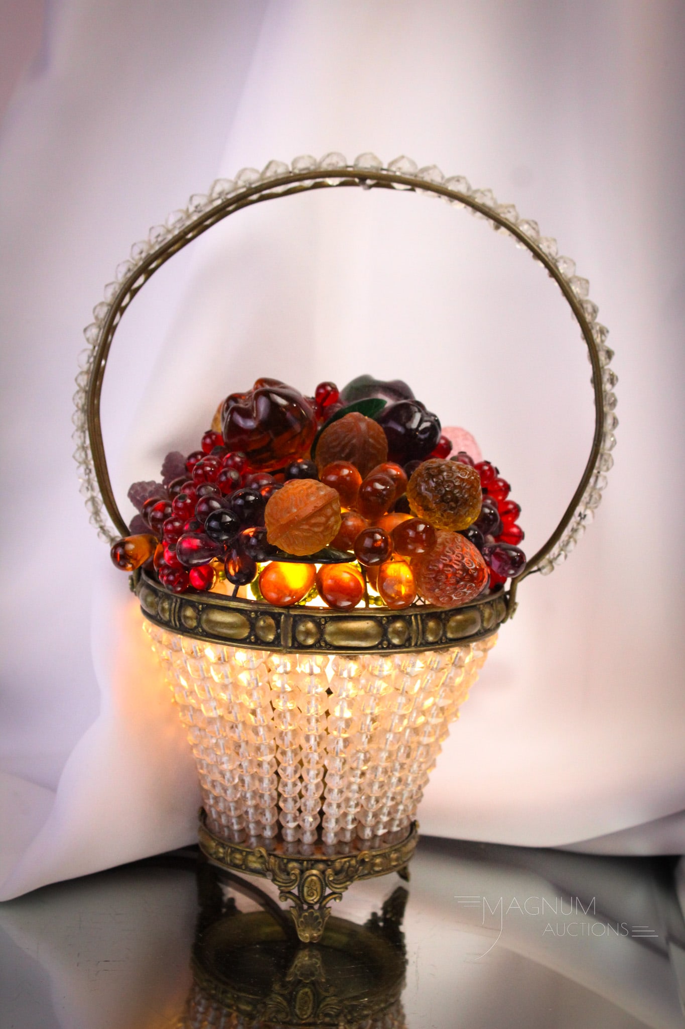 Czech Beaded Glass Fruit Basket Glass Lamp: Select offering of a Czech beaded fruit flower basket table accent lamp. Lamp is very colorful and measures 11" tall.