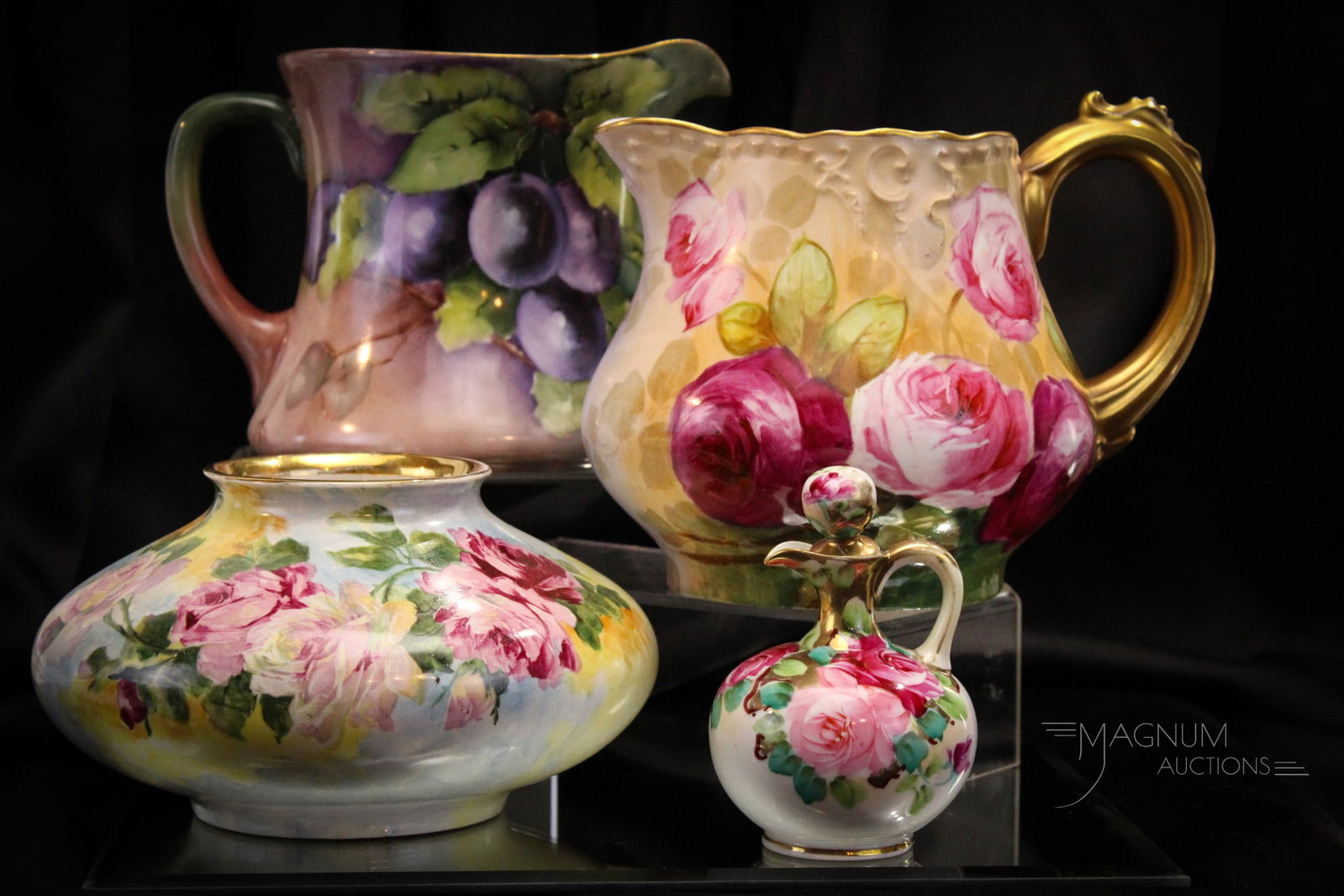 4 pc Lot Hand Painted Limoges & More Porcelain: Select offering of four hand pianted examples of porcelain. Both pitchers are signed Limoges examples. These two along with a low bowl and cruet