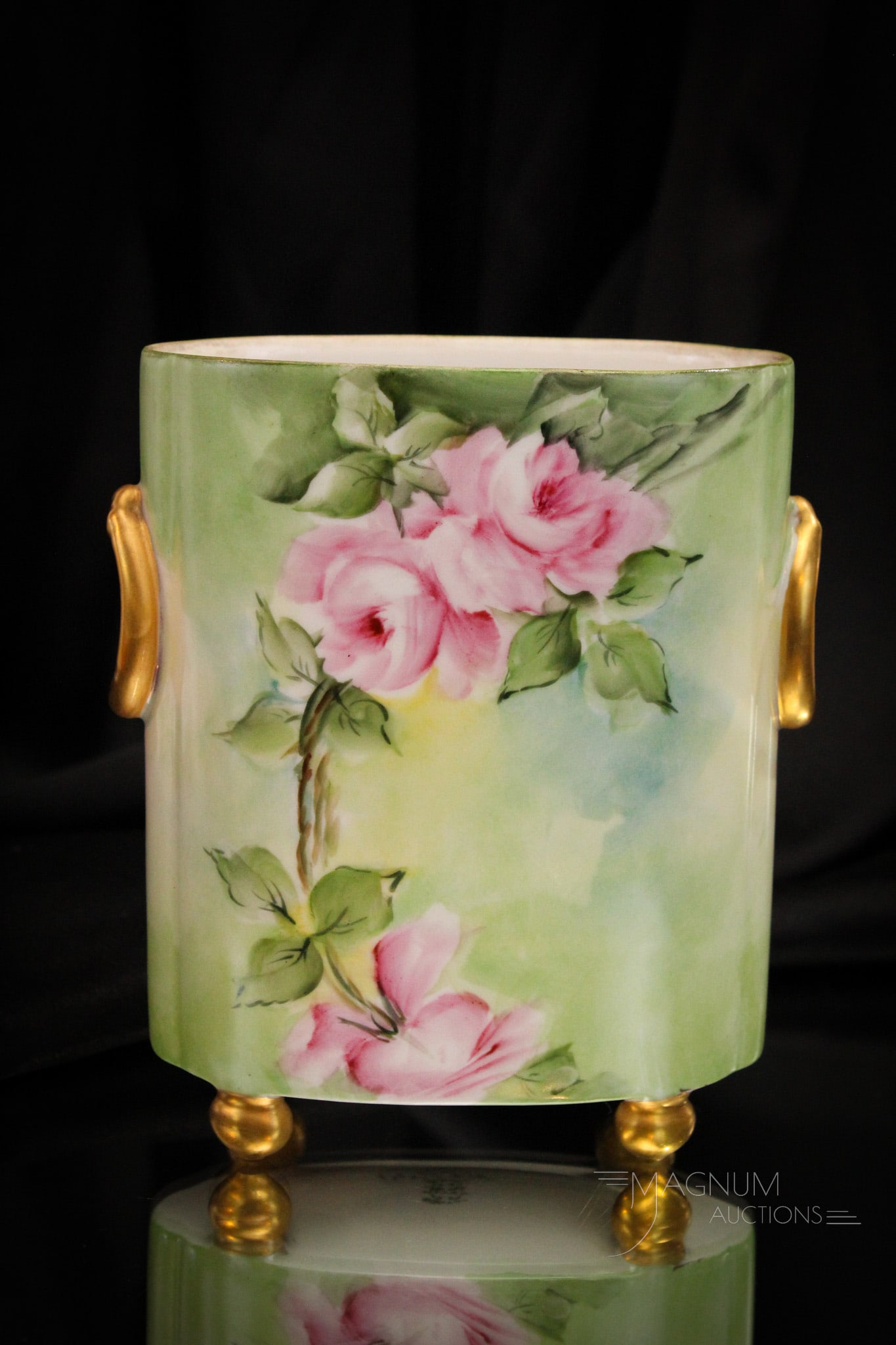Limoges France W.G. & Co. Hand Painted Artist Signed Cache' Pot: Fine small example of an artist signed marked, "W.G. & Co." hand painted cache' pot. This one with roses. It measures 6 3/4" tall.
