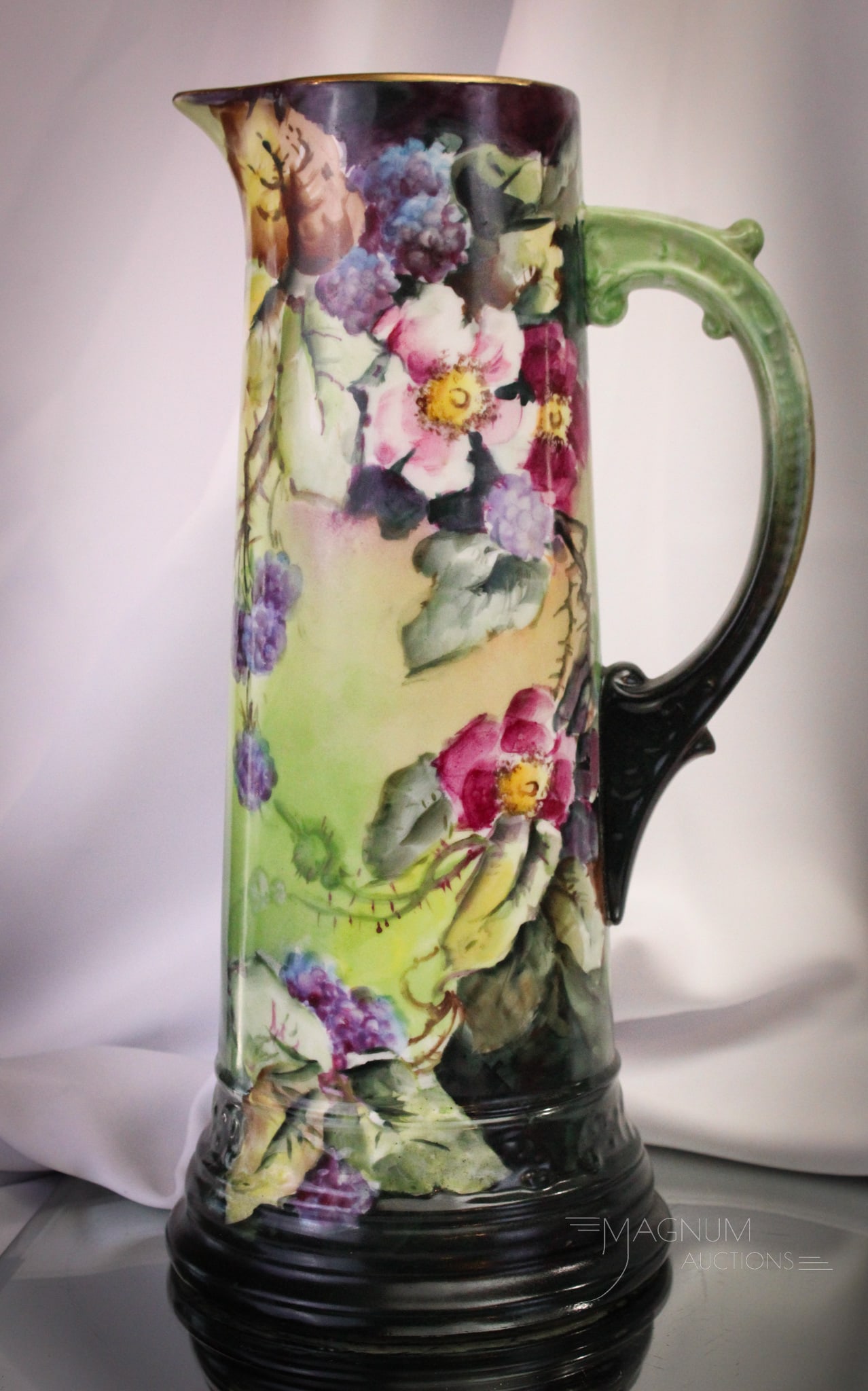 Limoges France W.G. & Co. 15" Blackberry Tankard Pitcher: Gorgeous marked W.G. & Co. Limoges, France Porcelain hand painted tankard pitcher featuring blackberries and blossoms. This magnificent example measures 14 3/4" tall.